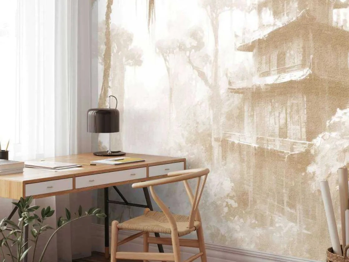 fotobehang__verborgen_hut_7.webp Best Fotobehang - Verborgen hut in Mistig Woud, taupe Landschappen