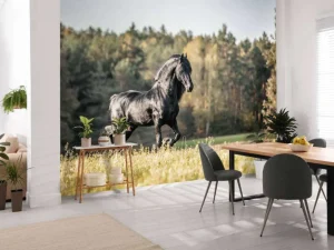 Hot Fries Paard op het gras omringd door bomen fotobehang Dieren