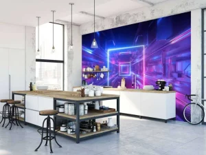 Outlet Futuristisch neon verlichte tunnel fotobehang Computerkamer | 3d