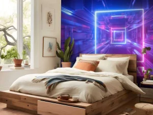 Outlet Futuristisch neon verlichte tunnel fotobehang Computerkamer | 3d