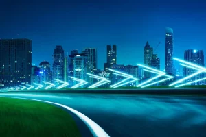 New Futuristische snelweg langs een grote stad fotobehang Tienerkamer | Architectuur