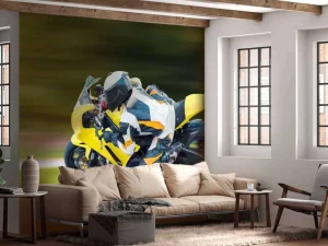 Best Gele motor maakt een scherpe bocht fotobehang Tienerkamer | Transport