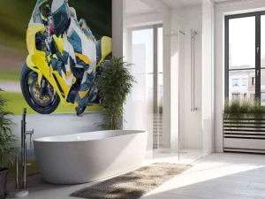 Best Gele motor maakt een scherpe bocht fotobehang Tienerkamer | Transport
