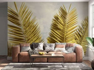 Outlet Gele palmboom bladeren fotobehang Bloemen