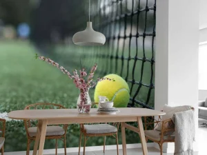 Discount Gele tennisbal tegen het net aan fotobehang Tienerkamer | Kinderkamer