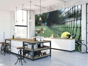 Discount Gele tennisbal tegen het net aan fotobehang Tienerkamer | Kinderkamer