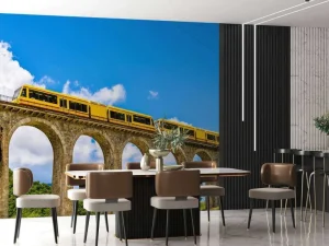 Sale Gele trein op een viaduct in Frankrijk fotobehang Transport | Architectuur