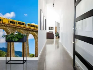 Sale Gele trein op een viaduct in Frankrijk fotobehang Transport | Architectuur