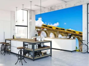 Sale Gele trein op een viaduct in Frankrijk fotobehang Transport | Architectuur