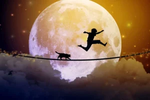 Discount Gelukkige tiener en kat op een koord langs de maan fotobehang Kinderkamer