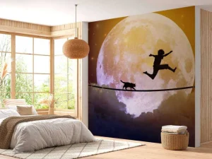 Discount Gelukkige tiener en kat op een koord langs de maan fotobehang Kinderkamer