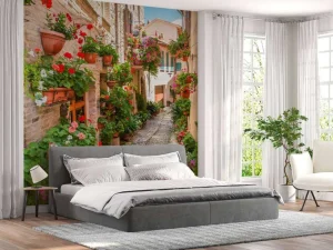New Gezellig straatje met bloemen in Italië fotobehang Bloemen | Architectuur