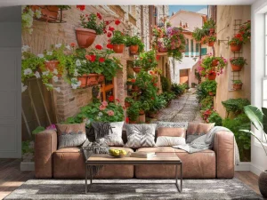 New Gezellig straatje met bloemen in Italië fotobehang Bloemen | Architectuur