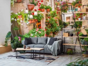 New Gezellig straatje met bloemen in Italië fotobehang Bloemen | Architectuur