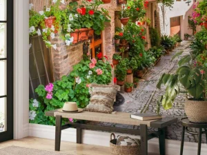 New Gezellig straatje met bloemen in Italië fotobehang Bloemen | Architectuur