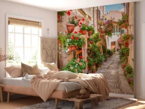 New Gezellig straatje met bloemen in Italië fotobehang Bloemen | Architectuur