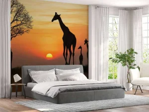 Hot Giraffe achtergrond met zonsondergang fotobehang Dieren