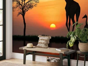 Hot Giraffe achtergrond met zonsondergang fotobehang Dieren