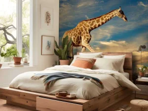 Hot Giraffe in Zuid-Afrika lopend op zand fotobehang Dieren