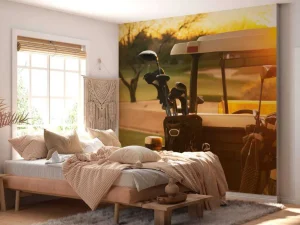 Discount Golfwagen bij zonsondergang fotobehang Sport