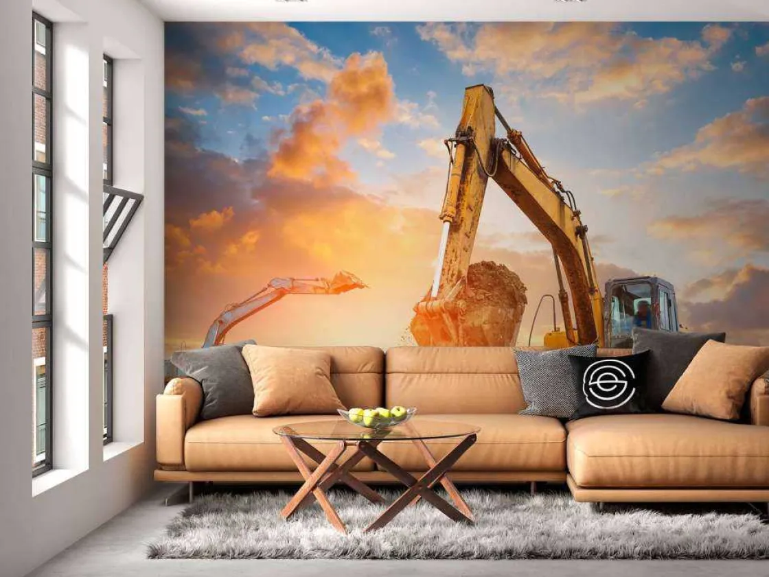 graafmachines_bij_zonsond_2.webp Fashion Graafmachines bij zonsondergang fotobehang Tienerkamer | Kinderkamer