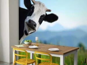 Hot Grappige koe met berg op achtergrond fotobehang Dieren