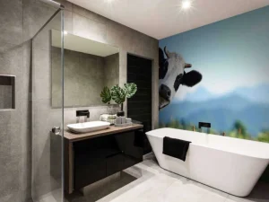 Hot Grappige koe met berg op achtergrond fotobehang Dieren