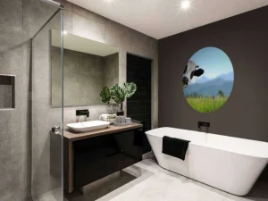 Hot Grappige koe met berg op achtergrond fotobehang Dieren