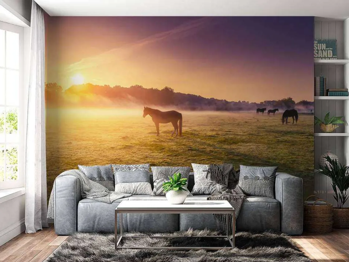 grazende_paarden_bij_zons_2.webp Sale Grazende paarden bij zonsondergang fotobehang Tienerkamer | Kinderkamer