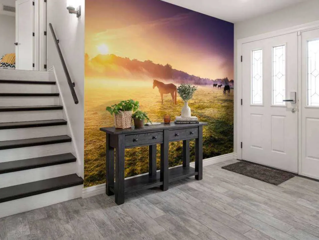 grazende_paarden_bij_zons_4.webp Sale Grazende paarden bij zonsondergang fotobehang Tienerkamer | Kinderkamer