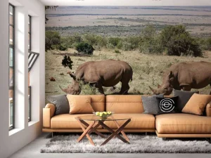 Best Grazende witte neushoorns fotobehang Dieren