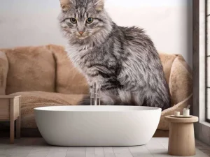 Best Grijze kat zit in een mand fotobehang Tienerkamer | Dieren