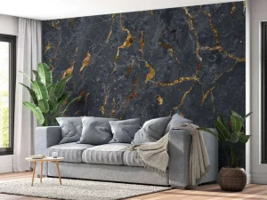 Outlet Grijze rots met goud fotobehang Oppervlakten