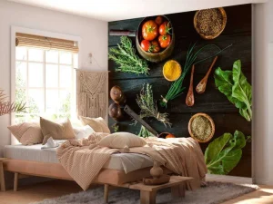 Discount groenten en kruiden op hout fotobehang Keuken