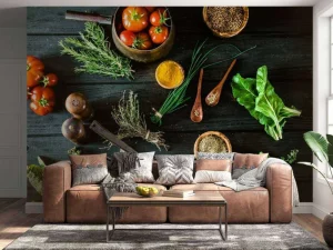 Discount groenten en kruiden op hout fotobehang Keuken