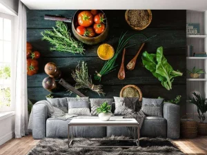 Discount groenten en kruiden op hout fotobehang Keuken