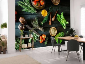 Discount groenten en kruiden op hout fotobehang Keuken