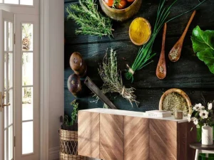 Discount groenten en kruiden op hout fotobehang Keuken