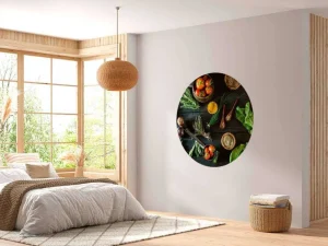 Discount groenten en kruiden op hout fotobehang Keuken