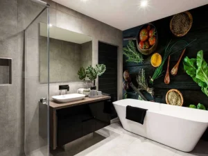 Discount groenten en kruiden op hout fotobehang Keuken