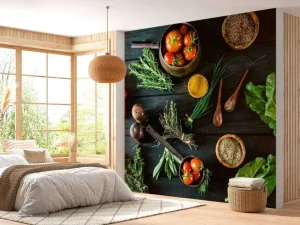 Discount groenten en kruiden op hout fotobehang Keuken