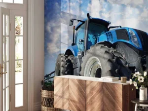 Outlet Grote blauwe tractor onder een bewolkte hemel fotobehang Tienerkamer | Kinderkamer