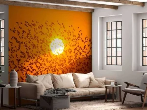 Discount Grote groep vogels bij zonsondergang fotobehang Dieren
