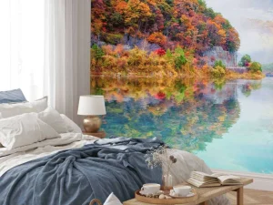 Best Helder blauw meer met een vulkaan op de achtergrond fotobehang Bloemen