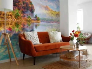 Best Helder blauw meer met een vulkaan op de achtergrond fotobehang Bloemen