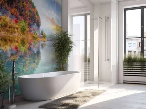 Best Helder blauw meer met een vulkaan op de achtergrond fotobehang Bloemen