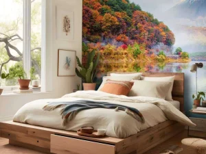 Best Helder blauw meer met een vulkaan op de achtergrond fotobehang Bloemen