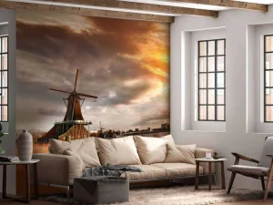 Clearance Hollands landschap met molen bij zonsondergang fotobehang Steden | Architectuur