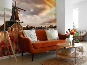 Clearance Hollands landschap met molen bij zonsondergang fotobehang Steden | Architectuur