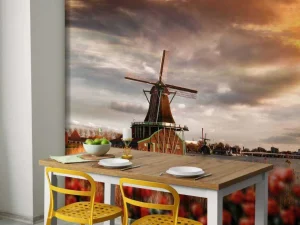 Clearance Hollands landschap met molen bij zonsondergang fotobehang Steden | Architectuur